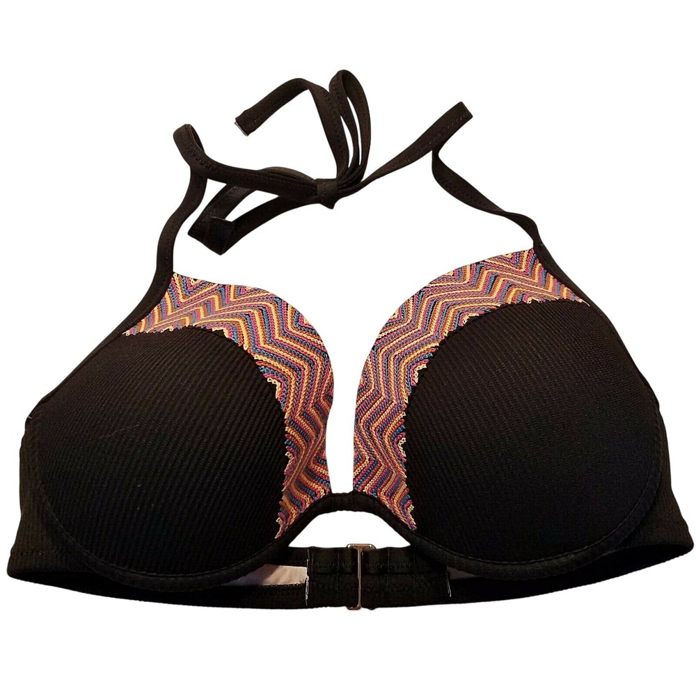Shade & Shore Black Ribbed Chevron Trim Halter Bikini Top 34DD Underwire Padded